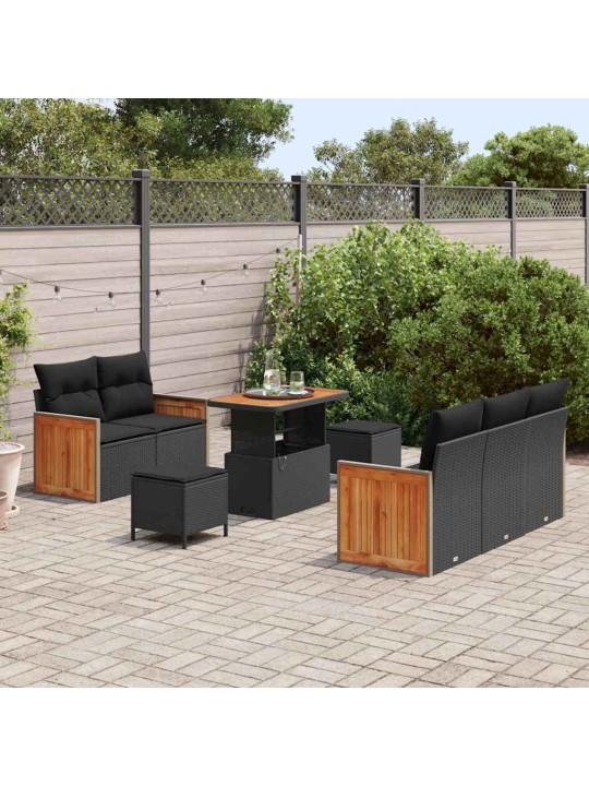 Dārza dīvānu komplekts ar spilvenu 8 pcs melna 90 x 55 x 71 cm