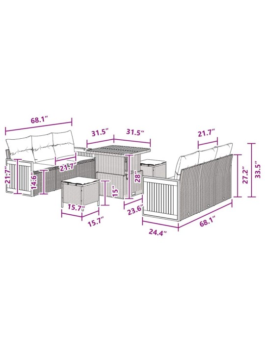 Dārza dīvānu komplekts ar spilvenu 9 pcs melna 80 x 80 x 71 cm