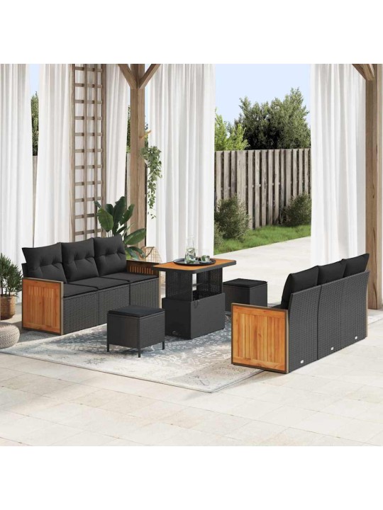 Dārza dīvānu komplekts ar spilvenu 9 pcs melna 90 x 55 x 71 cm