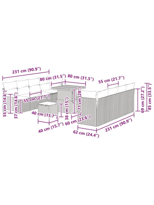 Dārza dīvānu komplekts ar spilvenu 11 pcs melna un krēmkrāsas