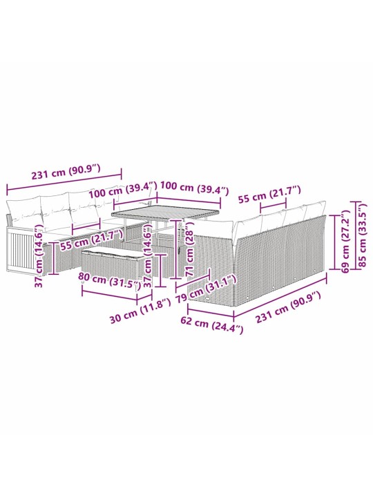 Dārza dīvānu komplekts ar spilvenu 11 pcs bēša un krēmkrāsa