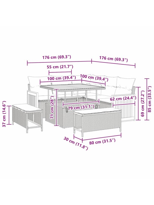 Dārza dīvānu komplekts ar spilvenu 8 pcs melna un krēmkrāsas