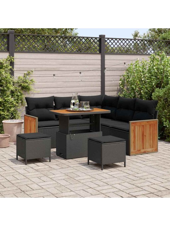 Dārza dīvānu komplekts ar spilvenu 8 pcs melna 90 x 55 x 71 cm