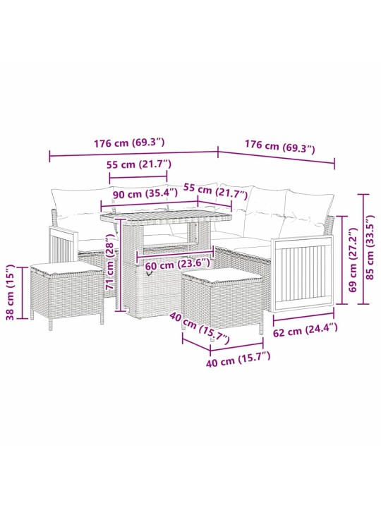 Dārza dīvānu komplekts ar spilvenu 8 pcs melna un krēmkrāsas