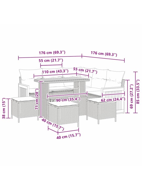 Dārza dīvānu komplekts ar spilvenu 9 pcs melna 110 x 55 x 71 cm