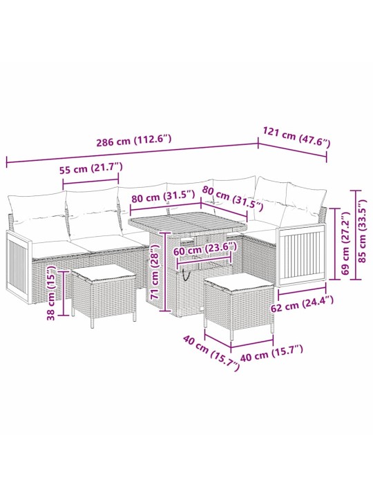 Dārza dīvānu komplekts ar spilvenu 9 pcs pelēka 80 x 80 x 71 cm