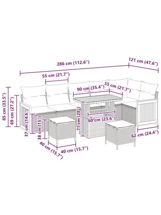 Dārza dīvānu komplekts ar spilvenu 9 pcs pelēka 90 x 55 x 71 cm