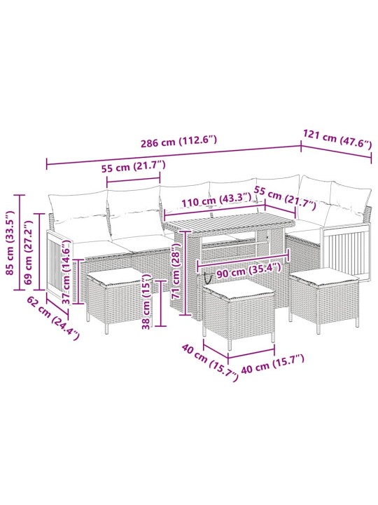 Dārza dīvānu komplekts 10 pcs pelēka 110 x 55 x 71 cm
