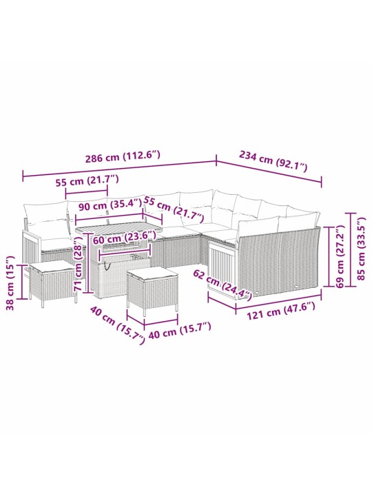 Dārza dīvānu komplekts ar spilvenu 12 pcs melna 90 x 55 x 71 cm