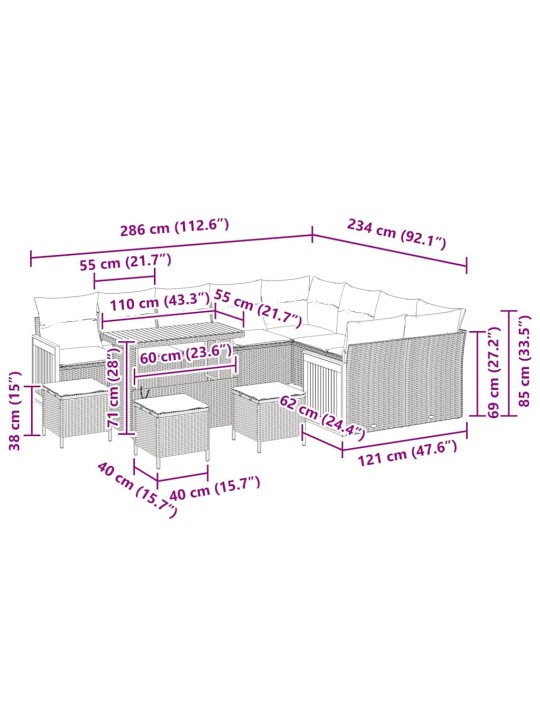 Dārza dīvānu komplekts ar spilvenu 13 pcs melna un krēmkrāsas