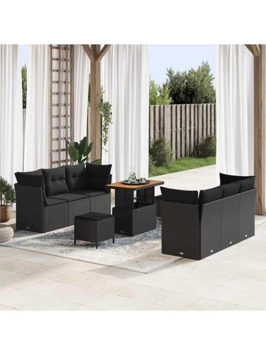 Dārza dīvānu komplekts ar spilvenu 9 pcs melna 90 x 55 x 71 cm
