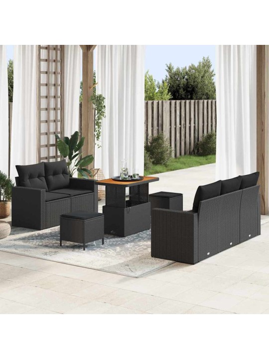 Dārza dīvānu komplekts ar spilvenu 8 pcs melna 90 x 55 x 71 cm