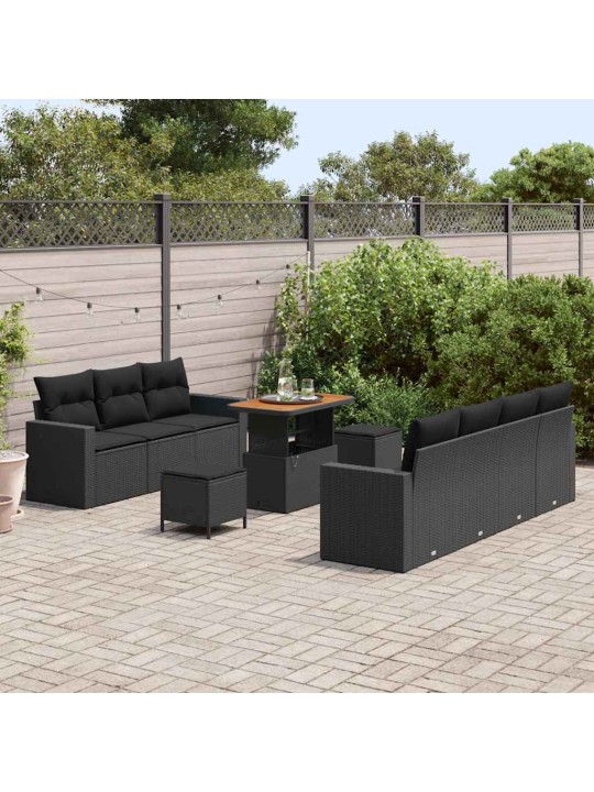 Dārza dīvānu komplekts ar spilvenu 10 pcs melna 90 x 55 x 71 cm