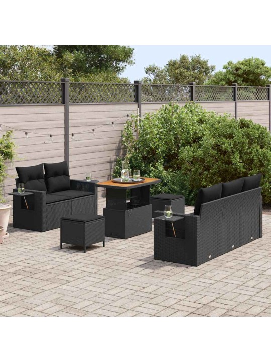 Dārza dīvānu komplekts ar spilvenu 8 pcs melna 90 x 55 x 71 cm