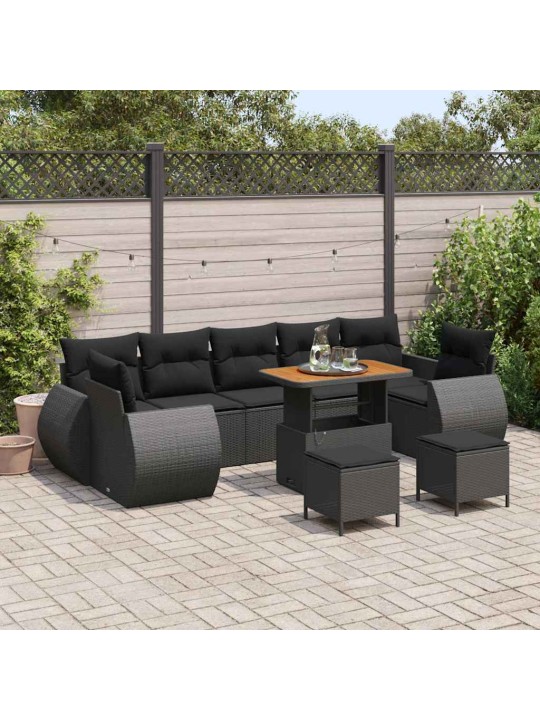 Dārza dīvānu komplekts ar spilvenu 10 pcs melna 90 x 55 x 71 cm
