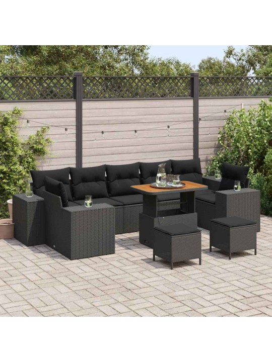Dārza dīvānu komplekts ar spilvenu 10 pcs melna 90 x 55 x 71 cm