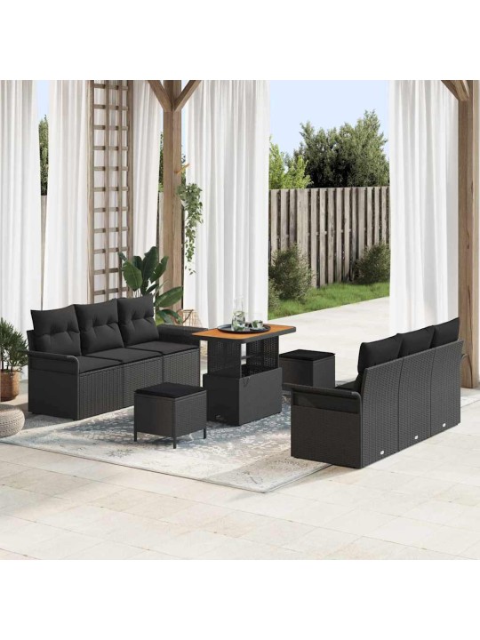 Dārza dīvānu komplekts ar spilvenu 9 pcs melna 90 x 55 x 71 cm