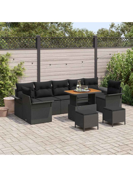 Dārza dīvānu komplekts ar spilvenu 10 pcs melna 90 x 55 x 71 cm