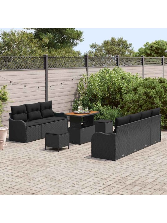 Dārza dīvānu komplekts ar spilvenu 10 pcs melna 90 x 55 x 71 cm