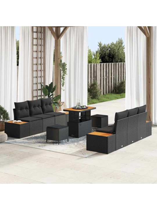 Dārza dīvānu komplekts ar spilvenu 9 pcs melna 90 x 55 x 71 cm
