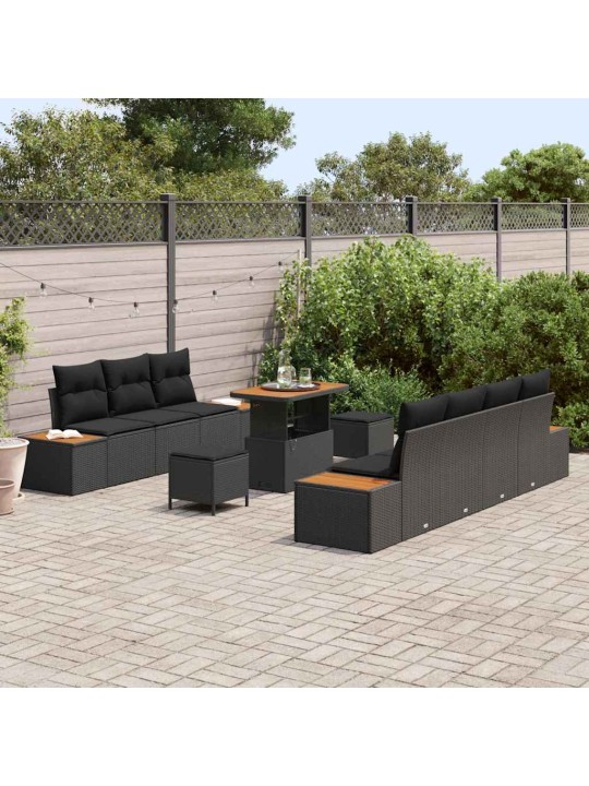 Dārza dīvānu komplekts ar spilvenu 10 pcs melna 90 x 55 x 71 cm