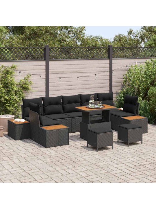 Dārza dīvānu komplekts ar spilvenu 10 pcs melna 90 x 55 x 71 cm