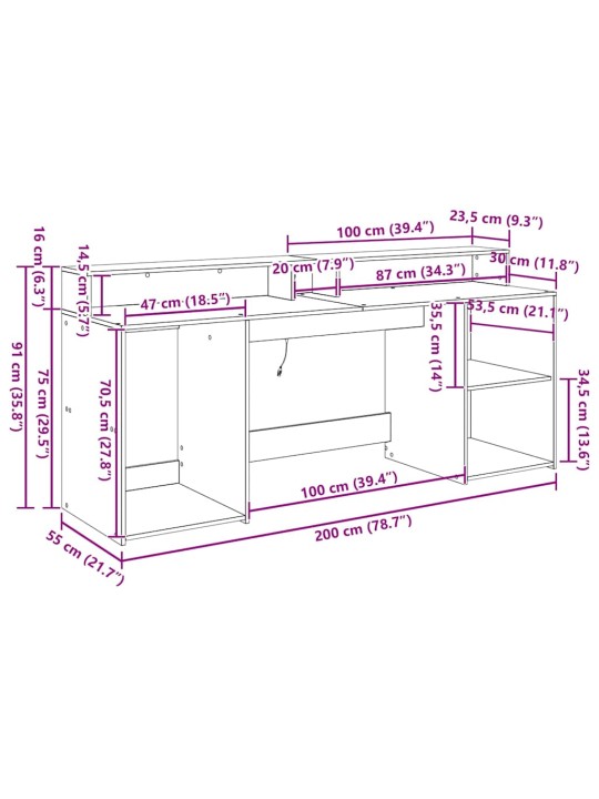 Galds ar plauktu melns ozols 200 x 55 x 91 cm inženierijas koks