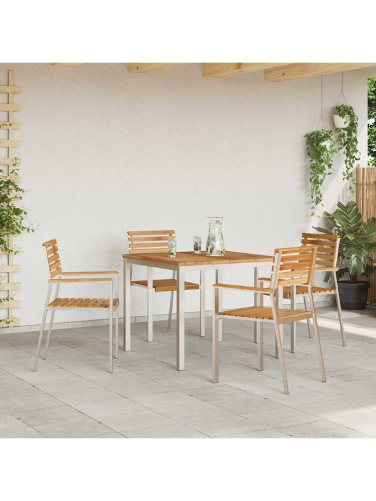 Dārza ēdamgalds 5 pcs cieta teak koks un nerūsējošais tērauds