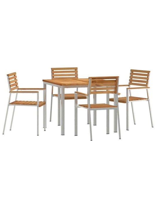Dārza ēdamgalds 5 pcs cieta teak koks un nerūsējošais tērauds