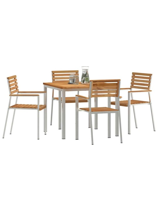 Dārza ēdamgalds 5 pcs cieta teak koks un nerūsējošais tērauds