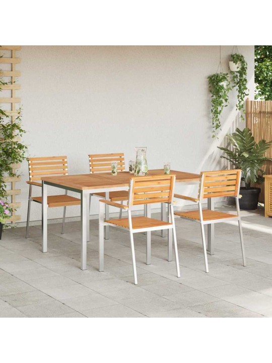 Dārza ēdamgalds 5 pcs cieta teak koks un nerūsējošais tērauds