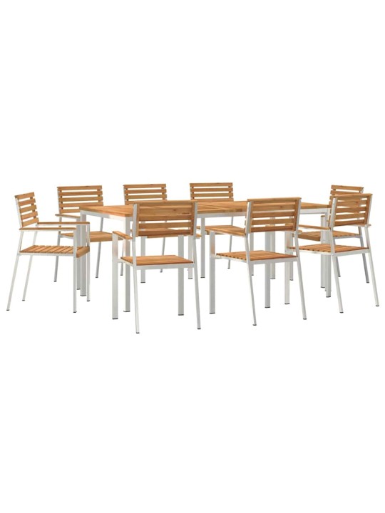 Dārza ēdamgalds 9 pcs cieta teak koks un nerūsējošais tērauds