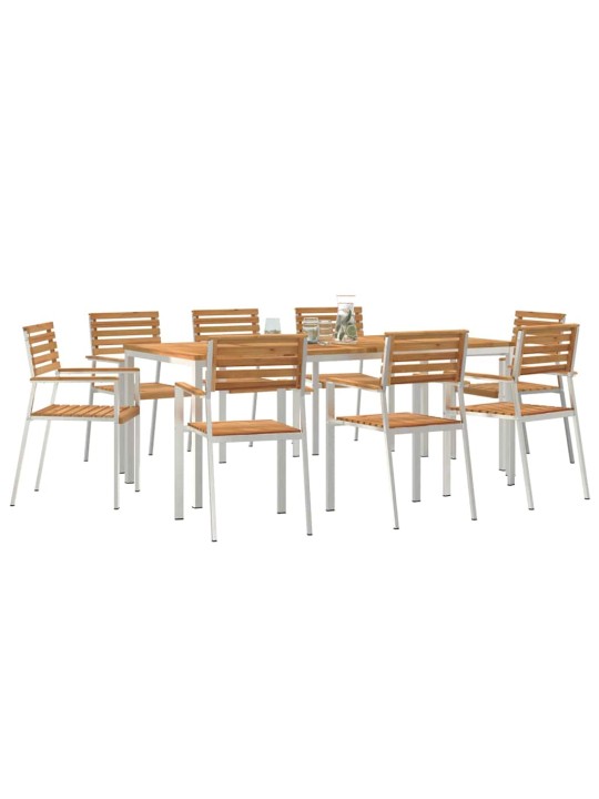 Dārza ēdamgalds 9 pcs cieta teak koks un nerūsējošais tērauds