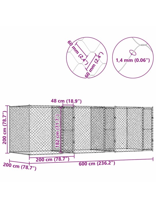 Suņu būris sudraba 600 x 200 x 200 cm cinkots tērauds
