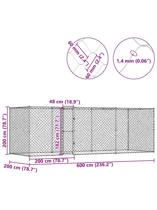 Suņu būris sudraba 600 x 200 x 256 cm cinkots tērauds