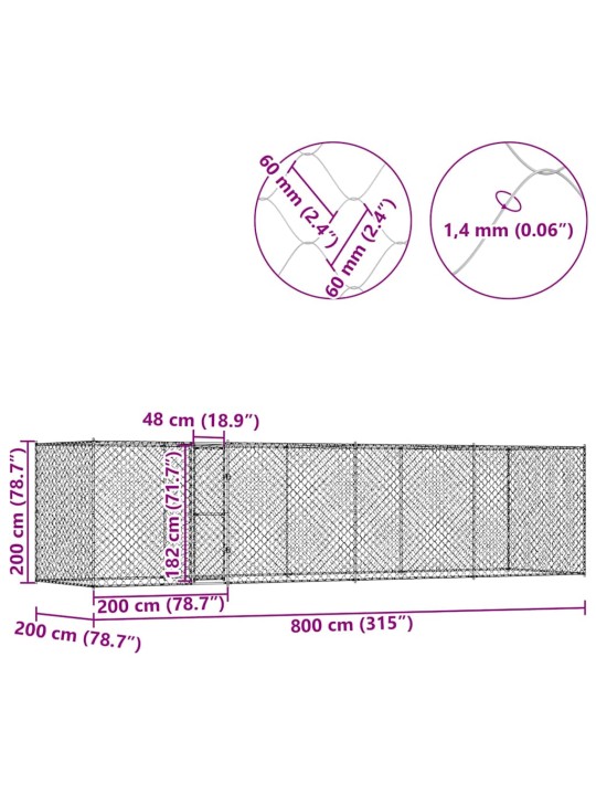Suņu būris sudraba 800 x 200 x 256 cm cinkots tērauds