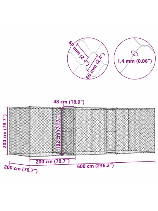 Suņu būris sudraba 600 x 200 x 200 cm cinkots tērauds