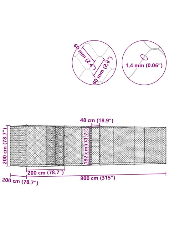 Suņu būris sudraba 800 x 200 x 200 cm cinkots tērauds
