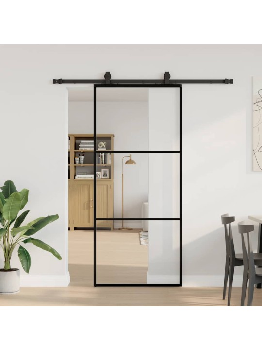 Bīdāmās durvis ar stiprinājumiem, melns, stikls, 90x205 cm