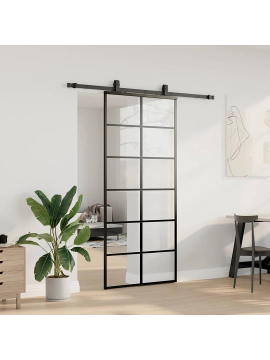 Bīdāmās durvis ar stiprinājumiem, melns, stikls, 90x205 cm
