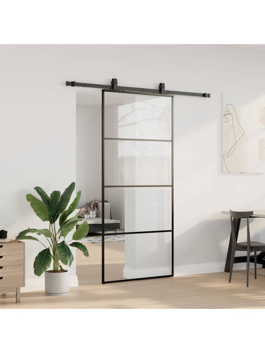 Bīdāmās durvis ar stiprinājumiem, melns, stikls, 90x205 cm