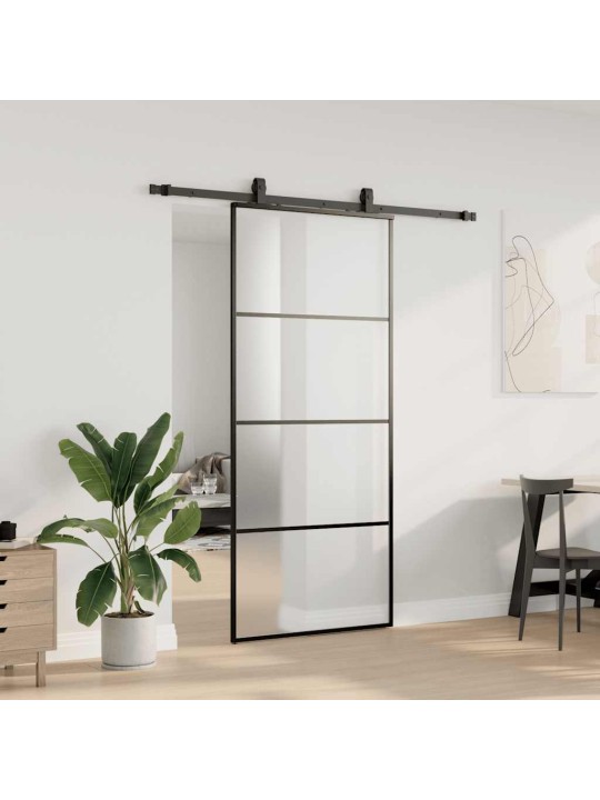 Bīdāmās durvis ar stiprinājumiem, melns, stikls, 90x205 cm