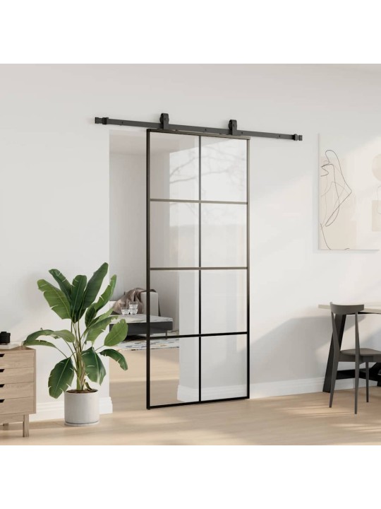 Bīdāmās durvis ar stiprinājumiem, melns, stikls, 90x205 cm
