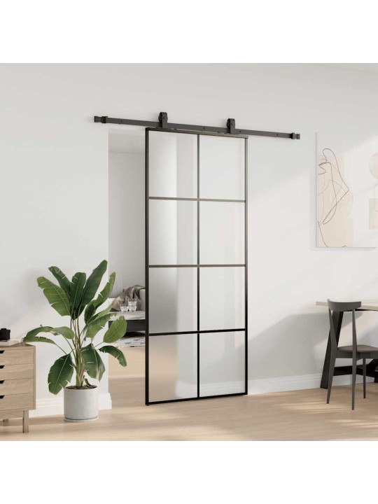 Bīdāmās durvis ar stiprinājumiem, melns, stikls, 90x205 cm