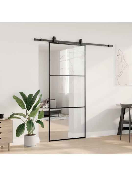 Bīdāmās durvis ar stiprinājumiem, melns, stikls, 90x205 cm