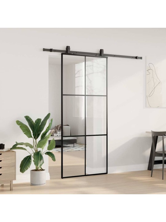 Bīdāmās durvis ar stiprinājumiem, melns, stikls, 90x205 cm