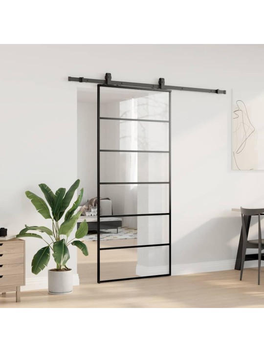 Bīdāmās durvis ar stiprinājumiem, melns, stikls, 90x205 cm