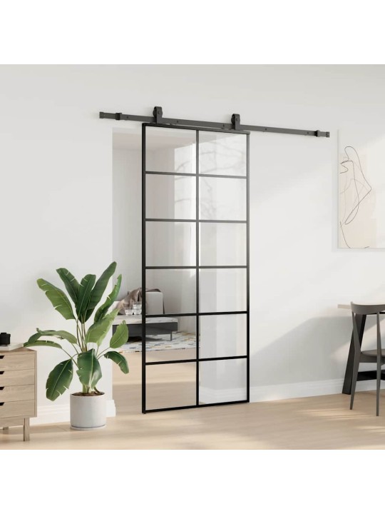 Bīdāmās durvis ar stiprinājumiem, melns, stikls, 90x205 cm