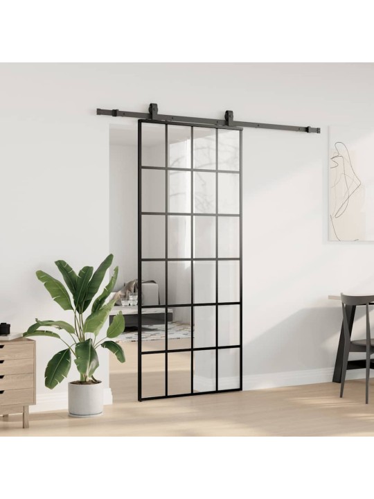 Bīdāmās durvis ar stiprinājumiem, melns, stikls, 90x205 cm