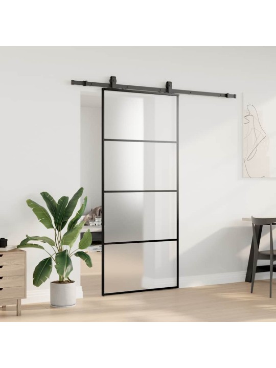 Bīdāmās durvis ar stiprinājumiem, melns, stikls, 90x205 cm